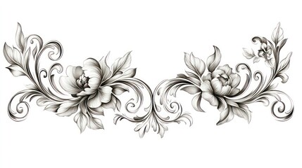 Elegant grayscale floral design with swirling leaves and stylized peonies, perfect for wedding invitations or decorative elements.