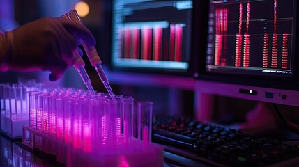 During a lab experiment, scientists pipette DNA samples into microcentrifuge tubes while the DNA profile is displayed on the monitor scree
