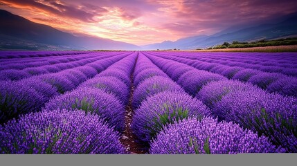 Obraz premium A vibrant lavender field at sunset, showcasing rows of blooming purple flowers.