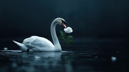 serene swan gracefully glides on calm waters, holding white rose in its beak, creating tranquil and romantic scene. soft colors enhance peaceful atmosphere