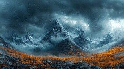 Naklejka premium Stormy rain over majestic, snow-capped mountains.