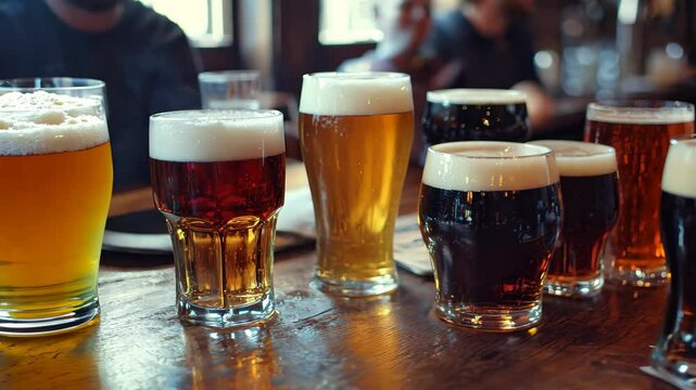 Closeup of various craft beers served at a lively pub table during evening hours, A closeup of various beer drinks on a table at a pub