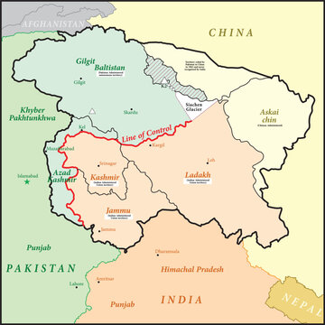 Map of Kashmir is a geographical region of the Indian subcontinent - Political Map of Kashmir with borders - outline
