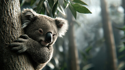 Obraz premium realistic 3D illustration of joyful koala resting on tree, surrounded by lush green leaves in serene forest setting. scene captures essence of nature beauty