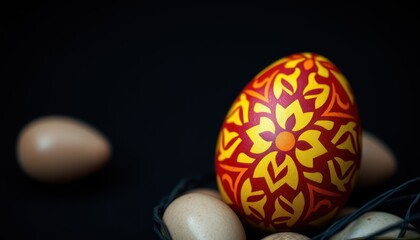 A beautifully decorated red and yellow Easter egg surrounded by natural eggs in a dark setting.
