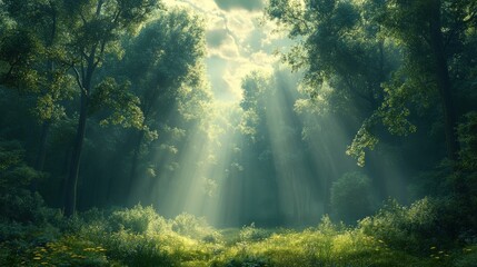 Sunbeams illuminate misty green forest clearing.