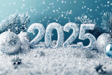 3D rendering of "2025" in icy blue and silver tones, frosty texture, minimal snowy elements, New Year banner, header, elegant winter backdrop, festive holiday design.