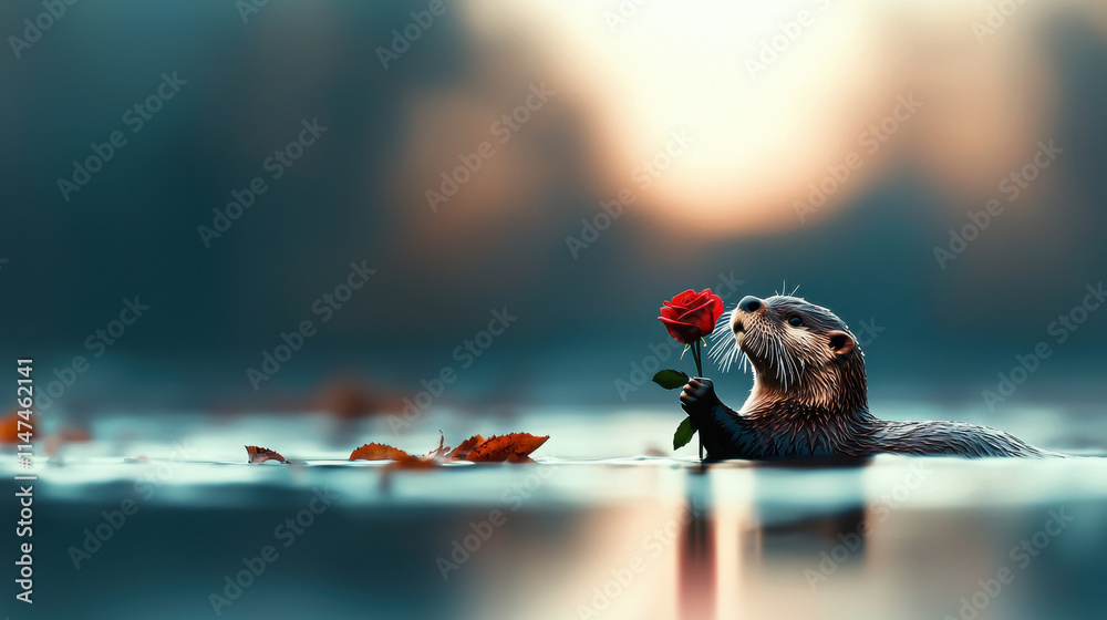 Aufkleber charming otter holds red rose while floating in calm water, surrounded by autumn leaves. serene back