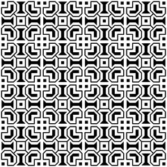 Seamless black and white geometric pattern consisting of abstract shapes with lines, creating a symmetrical and repeating design. Suitable for backgrounds, wallpapers, textiles, fabrics, etc.