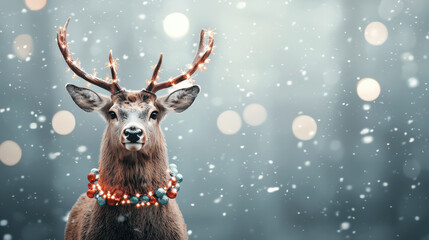 Fototapeta premium majestic deer adorned with colorful ornaments stands in snowy landscape, surrounded by falling snowflakes and soft bokeh lights, creating serene winter atmosphere