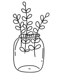 Vector illustration of leaves arranged in a glass jar hand drawn with black ink