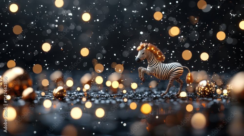 Fototapete realistic 3d illustration of zebra in magical setting with sparkling lights and snowflakes. scene ca