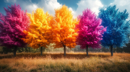Fototapeta premium Colorful trees display vibrant autumn hues in a serene landscape. 