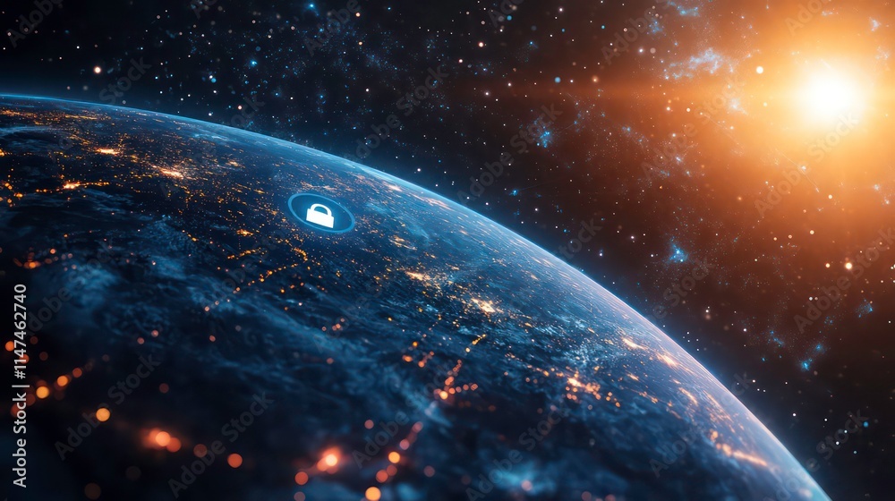 Poster earth at night with a glowing security lock icon, showcasing global connectivity and data security.