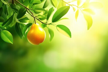 A Golden Pear Hanging from a Lush Green Branch in Sunlight A Vibrant Summer Scene of Nature's Bounty