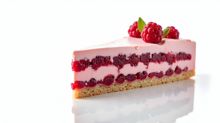 Delightful raspberry cake slice, creamy pink layers, juicy berries, and a subtle crust. Sweet treat!