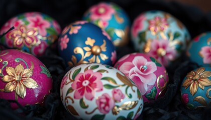 Fototapeta premium A collection of beautifully decorated Easter eggs featuring floral designs and vibrant colors.
