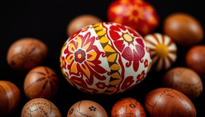 Fototapeta premium A collection of intricately decorated Easter eggs, showcasing vibrant colors and patterns.