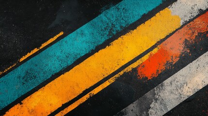 Fototapeta premium Abstract grunge background with diagonal stripes in teal, orange, and grey on dark surface.
