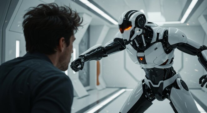 AI Robot vs Alien, AI, Robots and androids. AI Taking over the world, the concept of confrontation between humanity and artificial intelligence, alien invasion