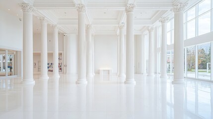 Fototapeta premium Bright and spacious white classical hall featuring elegant marble columns, polished reflective floors, and large windows filled with natural light.