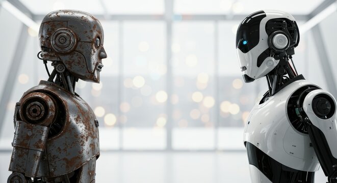 AI Robot vs Alien, AI, Robots and androids. AI Taking over the world, the concept of confrontation between humanity and artificial intelligence, alien invasion