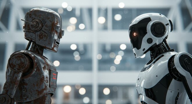 AI Robot vs Alien, AI, Robots and androids. AI Taking over the world, the concept of confrontation between humanity and artificial intelligence, alien invasion