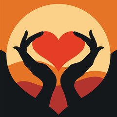 silhouette of hands making a heart on the background.