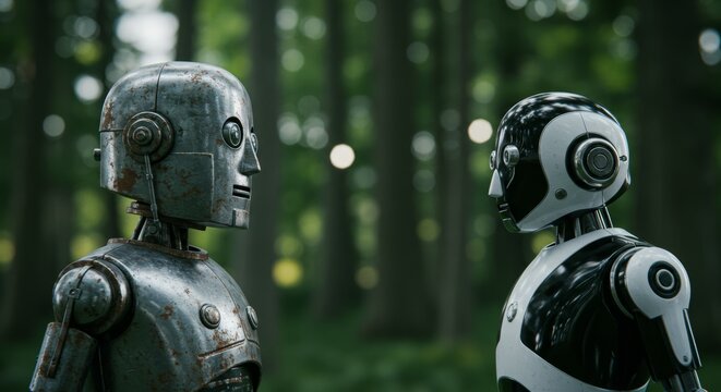 AI Robot vs Alien, AI, Robots and androids. AI Taking over the world, the concept of confrontation between humanity and artificial intelligence, alien invasion