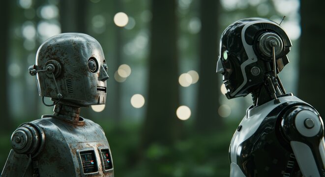 AI Robot vs Alien, AI, Robots and androids. AI Taking over the world, the concept of confrontation between humanity and artificial intelligence, alien invasion