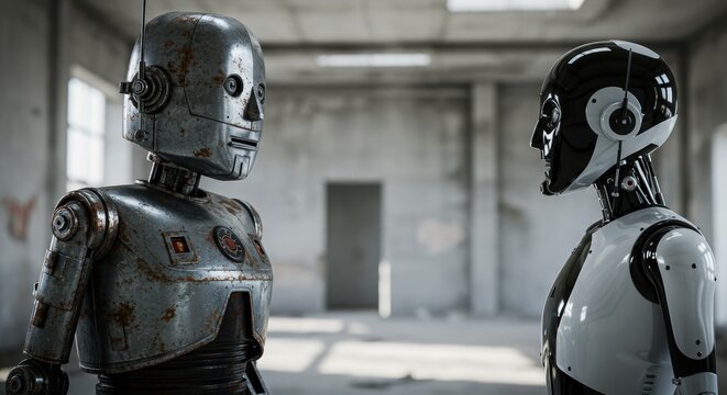 AI Robot vs Alien, AI, Robots and androids. AI Taking over the world, the concept of confrontation between humanity and artificial intelligence, alien invasion