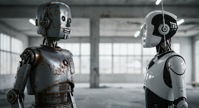 AI Robot vs Alien, AI, Robots and androids. AI Taking over the world, the concept of confrontation between humanity and artificial intelligence, alien invasion