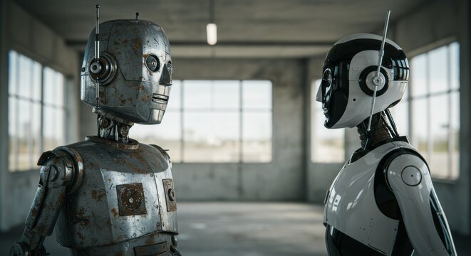AI Robot vs Alien, AI, Robots and androids. AI Taking over the world, the concept of confrontation between humanity and artificial intelligence, alien invasion