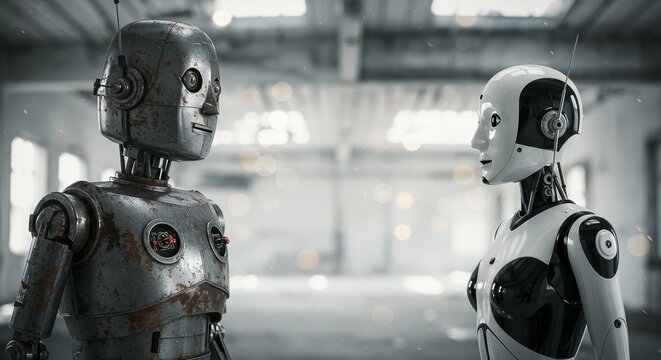 AI Robot vs Alien, AI, Robots and androids. AI Taking over the world, the concept of confrontation between humanity and artificial intelligence, alien invasion