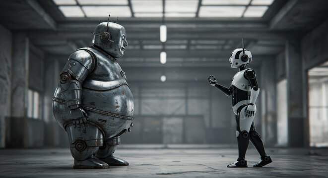 AI Robot vs Alien, AI, Robots and androids. AI Taking over the world, the concept of confrontation between humanity and artificial intelligence, alien invasion