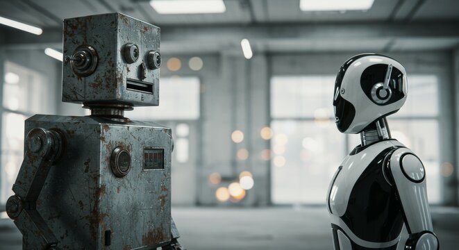 AI Robot vs Alien, AI, Robots and androids. AI Taking over the world, the concept of confrontation between humanity and artificial intelligence, alien invasion