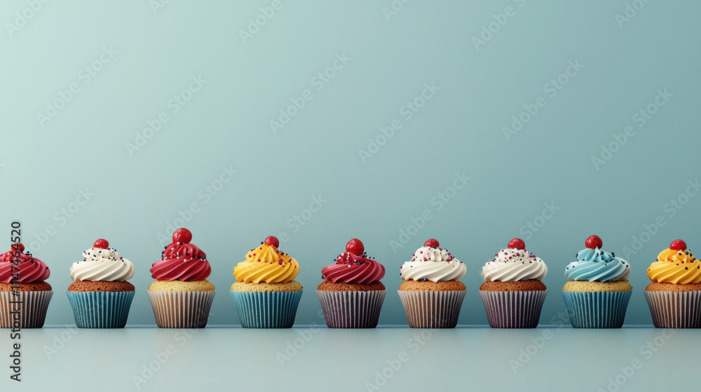 Poster delicious cupcakes with colorful frosting and cherries on top, arranged neatly against pastel backgr