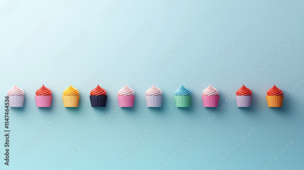 Poster Colorful cupcakes arranged in row on pastel background, showcasing various frosting styles and colors, creating cheerful and inviting atmosphere