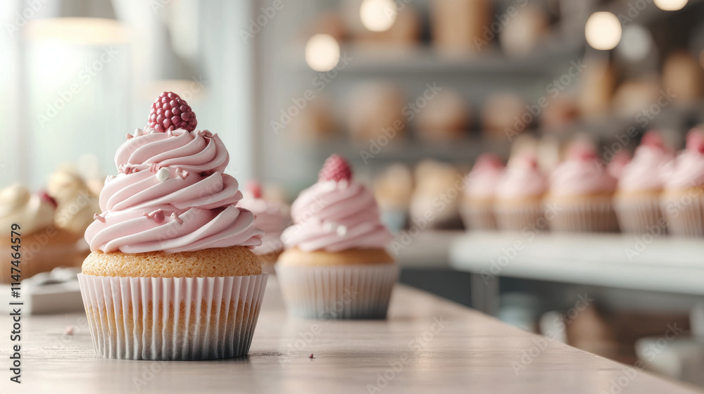Poster delicious cupcake with pink frosting and raspberry topping, beautifully displayed in bakery setting,
