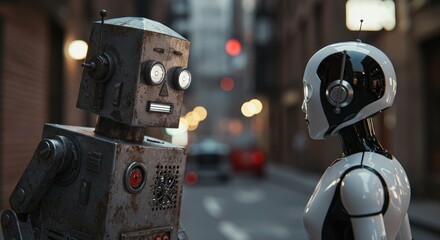 AI Robot vs Alien, AI, Robots and androids. AI Taking over the world, the concept of confrontation between humanity and artificial intelligence, alien invasion
