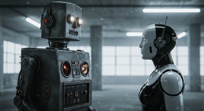 AI Robot vs Alien, AI, Robots and androids. AI Taking over the world, the concept of confrontation between humanity and artificial intelligence, alien invasion