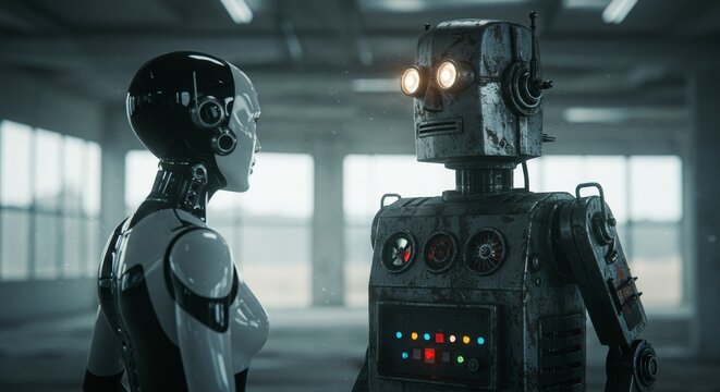 AI Robot vs Alien, AI, Robots and androids. AI Taking over the world, the concept of confrontation between humanity and artificial intelligence, alien invasion