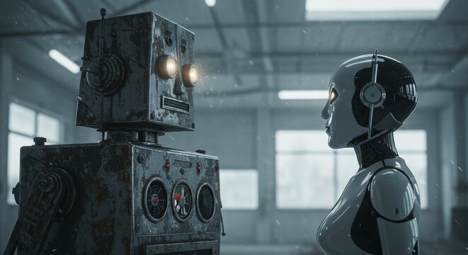 AI Robot vs Alien, AI, Robots and androids. AI Taking over the world, the concept of confrontation between humanity and artificial intelligence, alien invasion