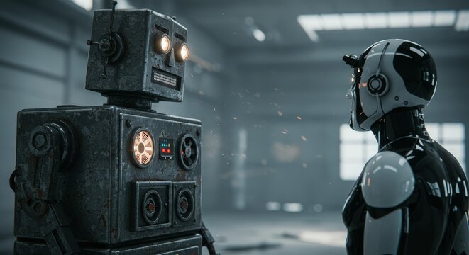 AI Robot vs Alien, AI, Robots and androids. AI Taking over the world, the concept of confrontation between humanity and artificial intelligence, alien invasion