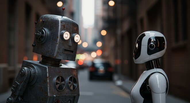 AI Robot vs Alien, AI, Robots and androids. AI Taking over the world, the concept of confrontation between humanity and artificial intelligence, alien invasion