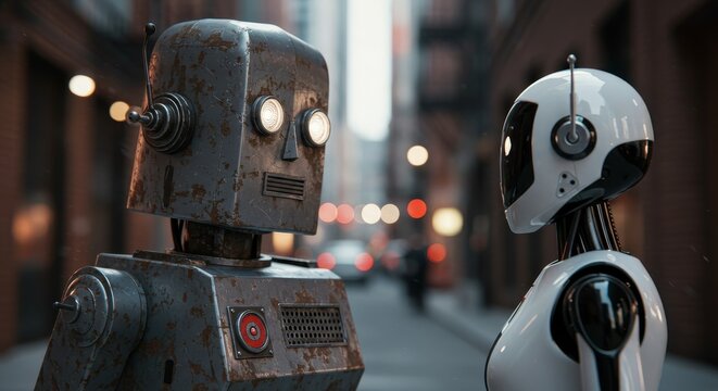 AI Robot vs Alien, AI, Robots and androids. AI Taking over the world, the concept of confrontation between humanity and artificial intelligence, alien invasion