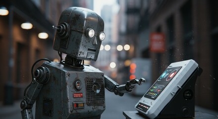 Fototapeta premium AI Robot vs Alien, AI, Robots and androids. AI Taking over the world, the concept of confrontation between humanity and artificial intelligence, alien invasion