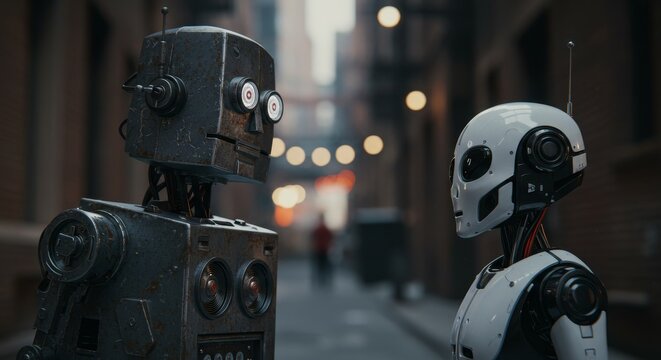 AI Robot vs Alien, AI, Robots and androids. AI Taking over the world, the concept of confrontation between humanity and artificial intelligence, alien invasion