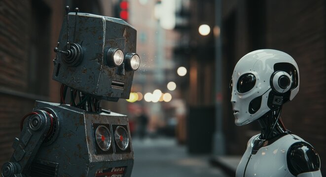 AI Robot vs Alien, AI, Robots and androids. AI Taking over the world, the concept of confrontation between humanity and artificial intelligence, alien invasion