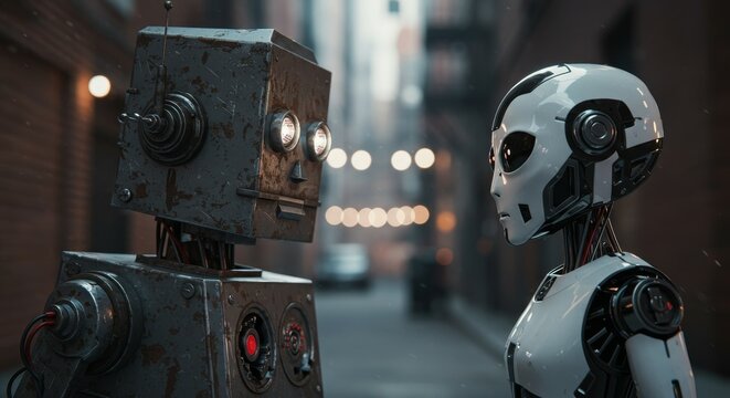 AI Robot vs Alien, AI, Robots and androids. AI Taking over the world, the concept of confrontation between humanity and artificial intelligence, alien invasion